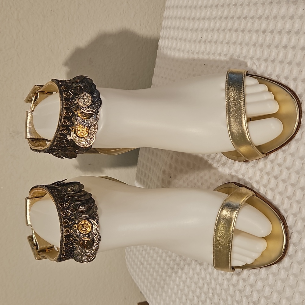 Manolo Blahnik Gold Metallic Coin-Ankle Strap Heels